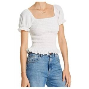 Aqua White Smocked Puff-Sleeve Waffle Knit Square Neck Ruffle Top Womens Size XS